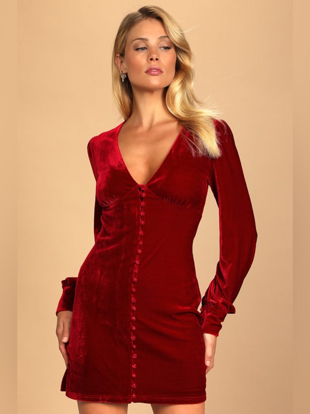 NWT Make it Merry Wine Red Velvet Long Sleeve Button-Up Mini Dress